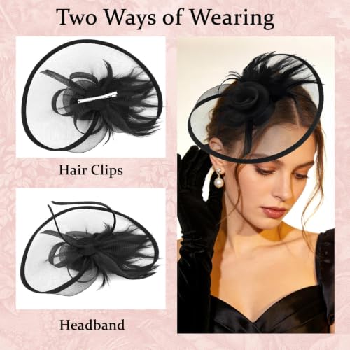 Ondder Tea Party Fascinator Hat for Women Clip and Headband for Tea Party, Wedding, Church and Cocktail Events - color: Black