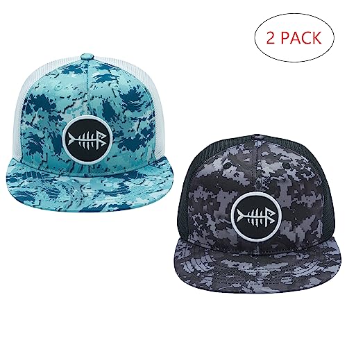 BASSDASH 2 Pack Flat Brim Trucker Cap Adjustable Snapback Hat Mesh Back for Men Women Fishing Hunting - color: Pack of 2,ocean Digital Camo & Night Digital Camo