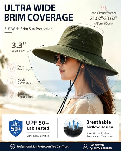 Wide Brim Waterproof Bucket Rain Hat for Women Men UPF50+ Cowboy Sun Hat - color: Army Green