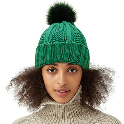 Muryobao Womens Satin Lined Beanie Hat with Faux Fur Pom Cuffed Winter Warm Knit Skull Cap - color: Green