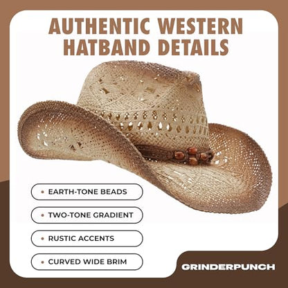 grinderPUNCH Straw Cowboy Hat for Men Women Western Cowgirl Outback Sun Hat - color: Biege