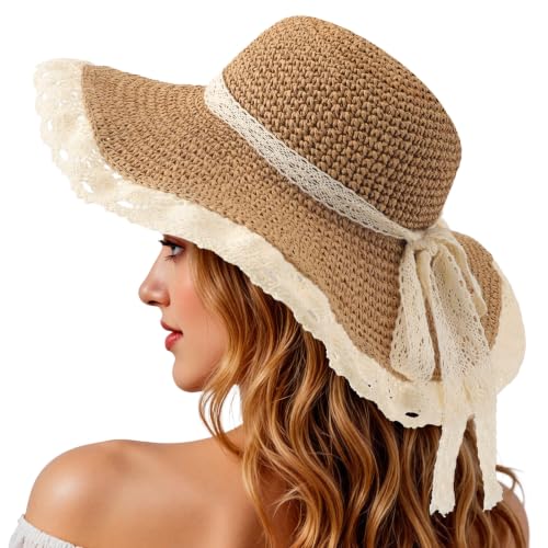 Beach Hats for Women, UPF 50+ Packable Floppy Lace Trim Sun Hat - color: Khaki