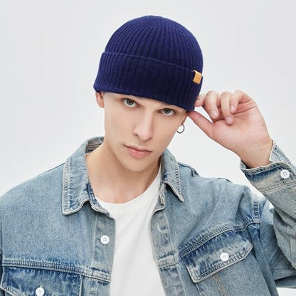 100% Merino Wool Fisherman Beanie Hat, Unisex Warm Winter Hats, Soft Breathable Knitted Short Cuffed Cap - color: Dark Blue