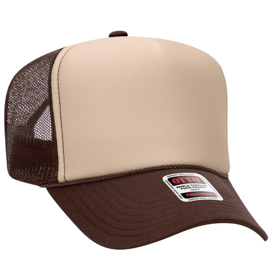 Otto Cap 5-Panel High Crown Mesh Back Trucker Hat - color: Brown/Tan/Brown