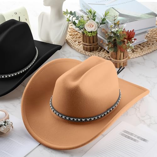 Chicingyou 2 Pcs Western Cowboy Hats for Women and Men Classic Wide Brim Felt Hats for Cowboys and Cowgirls Accessories - color: Black, Camel