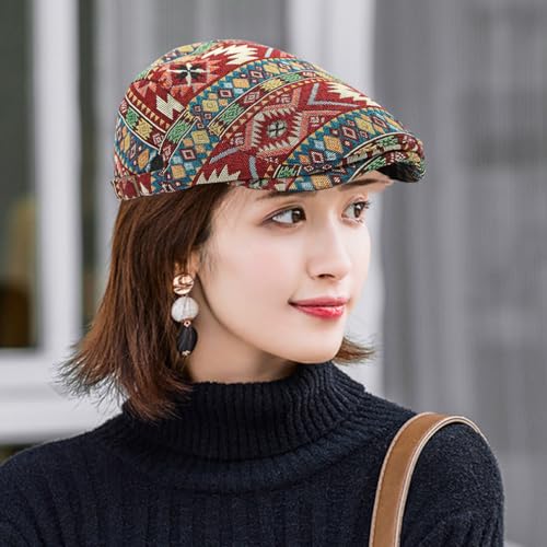 Cotton Newsboy Cap,Breathable Ivy Gatsby Cabbie Beret Hat for Men's Women Driving Hunting Golf - color: Ethnic Red