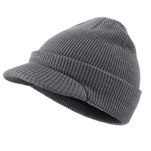 Home Prefer Mens Wool Blend Winter Hat Double-Layer Warm Knit Pre-Curve Visor Beanie Brimmed Beanies Hat for Men Women - color: Grey