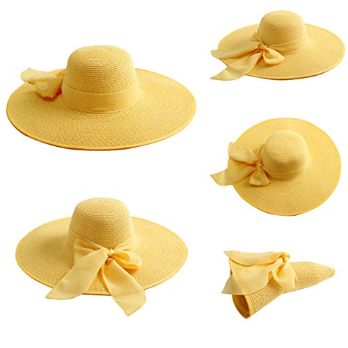 Lanzom Womens 5.7 Inches Big Bowknot Straw Hat Large Floppy Foldable Roll up Beach Cap Sun Hat UPF 50+ - color: Yellow