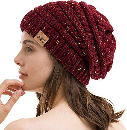 REDESS Slouchy Beanie Hat for Men and Women Winter Warm Knit Hat Chunky Soft Oversized Cable Cap - color: B4 Confetti Wine Red