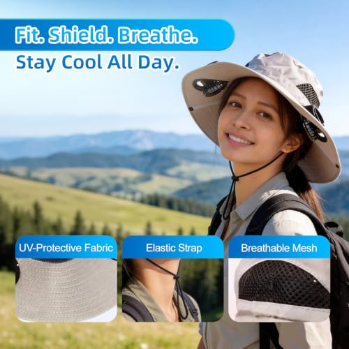 Hat with Fan Wide Edge, Waterproof Solar Powered Fan Hat with 2 Solar Fans 3-Speed Adjustable for Men and Women - color: Off-white