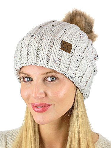 C.C Thick Cable Knit Faux Fuzzy Fur Pom Fleece Lined Skull Cap Cuff Beanie - color: Confetti Ivory