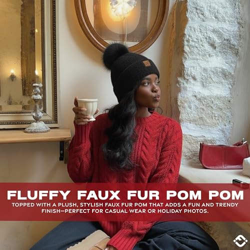 Funky Junque Beanie for Women Ultra Soft Chenille Faux Fur Pom Pom Winter Hats Warm Ski Cap Fashion - color: Black
