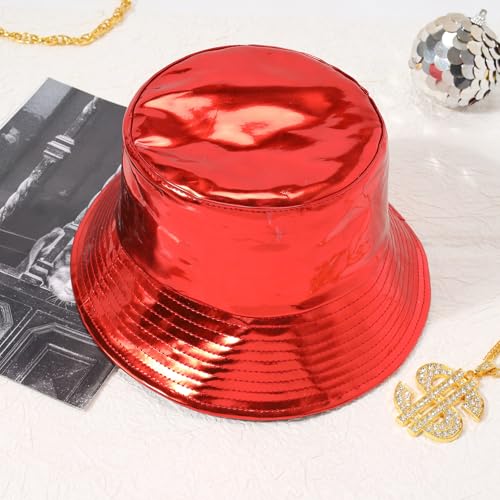 MILAKOO Rave Hologram Metallic Bucket Hat Reversible Cap Reflective Waterproof Rain Fisherman Hat - color: G: Red