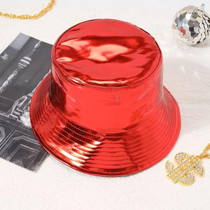 MILAKOO Rave Hologram Metallic Bucket Hat Reversible Cap Reflective Waterproof Rain Fisherman Hat - color: G: Red