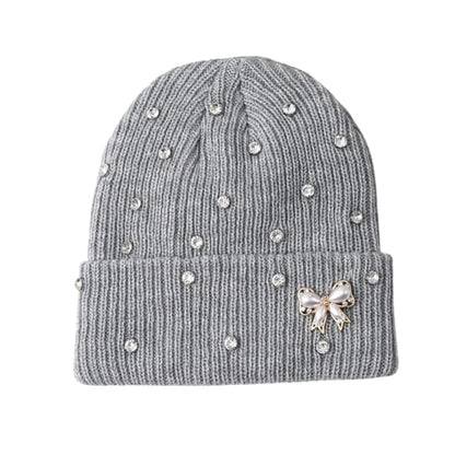 Cute Rhinestone Hat Winter Cuffed Ribbed Knitted Pearl Bow Beanie for Women Men - color: Light Grey