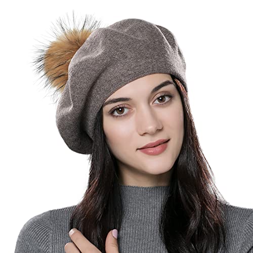 Womens Winter Beret Hat Knitted Beanie Cap Autumn Winter Hat French Classic Beret - color: Camel+brown Pompom
