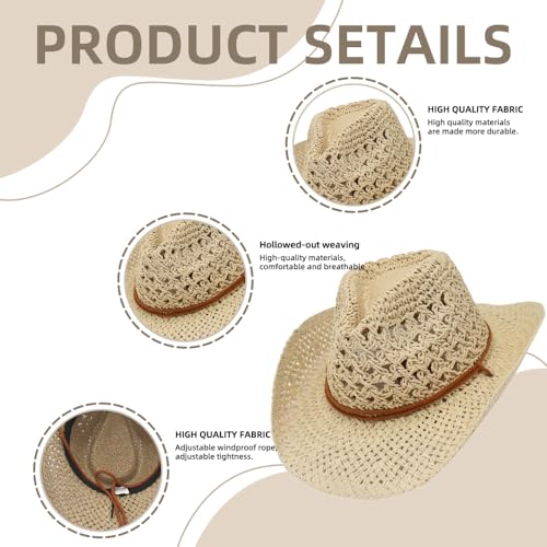 Women/Men Straw Cowboy Hat Wide Brim Sun Beach Cowgirl Hat Summer Western Cowboy for Travel Outdoor Family - color: Beige