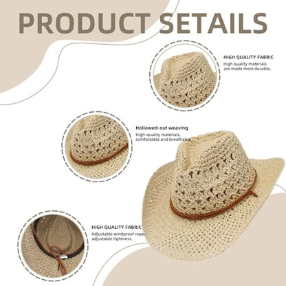 Women/Men Straw Cowboy Hat Wide Brim Sun Beach Cowgirl Hat Summer Western Cowboy for Travel Outdoor Family - color: Beige