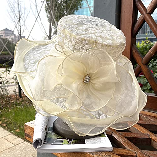 Z&X Organza Church Fascinator Wedding Tea Party Derby Hats for Women Flower Wide Brim Sun Hats - color: 01b Beige