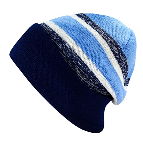 Winter Knit Beanie Hat with Pom Pom – Warm Cuffed Slouch Ski Cap for Men & Women - color: 2.navy and Sky Blue