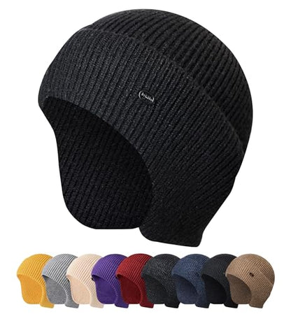 HiRui Knit Beanie Hats Winter Hats Ear Covers for Men Women-Warm Daily Headwear - color: Black