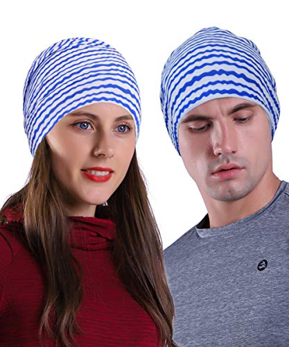 EMPIRELION 9" Women Lightweight Beanies Hats, Thin Sports Running Skull Cap Chemo Headwear Sleep Caps - color: Print Blue Stripe