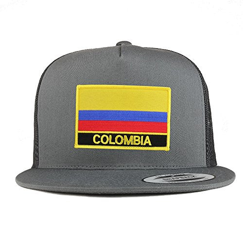 Trendy Apparel Shop Colombia Flag 5 Panel Flatbill Trucker Mesh Snapback Cap - color: Charcoal