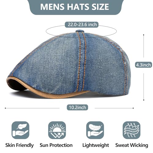 meioro Mens Denim Newsboy Hat 6 Panel Cotton Adjustable Flat Cap - color: Medium Blue