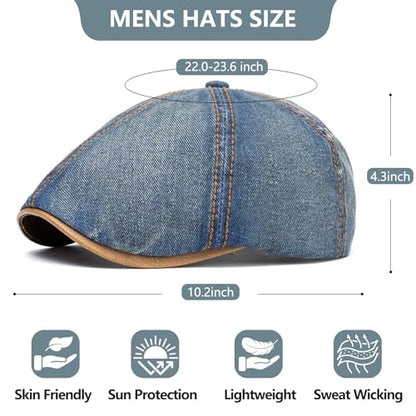 meioro Mens Denim Newsboy Hat 6 Panel Cotton Adjustable Flat Cap - color: Medium Blue