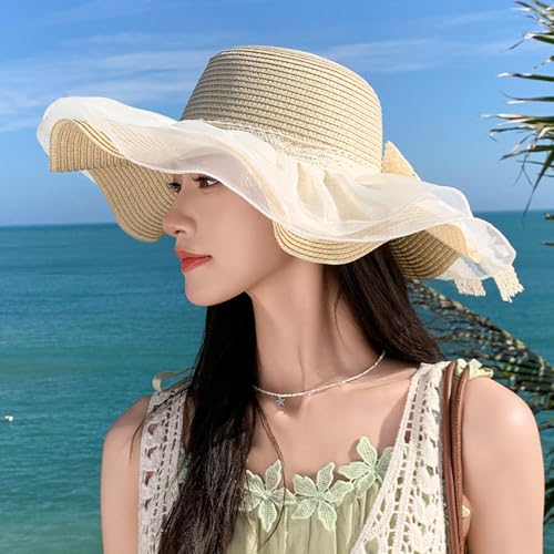 Women Summer Straw Hat Sun UV Protection Wide Brim Breathable Beach Visor Hats - color: Beige