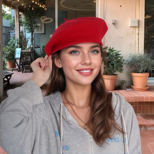 1Pcs French Beret Hats Solid Classic Beret Beanie Hats for Women Teens - color: Red