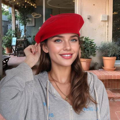 1Pcs French Beret Hats Solid Classic Beret Beanie Hats for Women Teens - color: Red