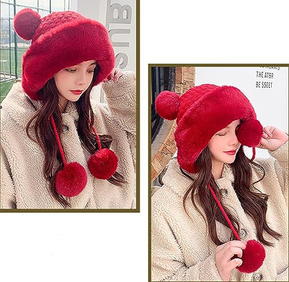 Winter Pompom Beanie Hats Women Knit Womens Beanie Faux Fur Crochet Skull Cap Warm Bucket Outdoor Ear Cover - color: Red