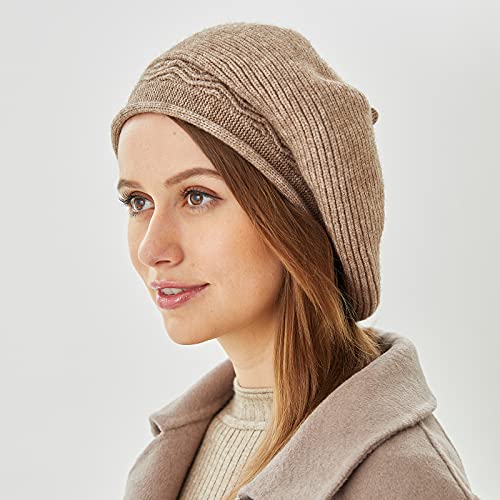 FENELY Beret Hat for Women, French Style Beanie Winter Fashion Warm Thickened Lining Knit Cap - color: Khaki