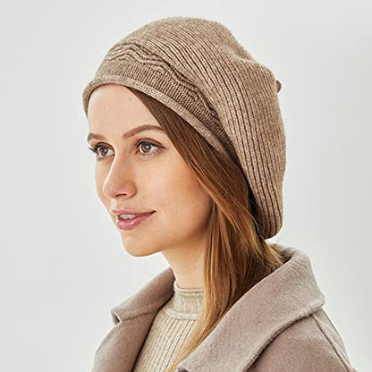 FENELY Beret Hat for Women, French Style Beanie Winter Fashion Warm Thickened Lining Knit Cap - color: Khaki