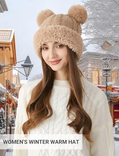 FEOYA Womens Knit Winter Beanie Hat with Faux Fur Pompom Fuzzy Cute Knit Fleece Lined Skull Cap - color: Khaki