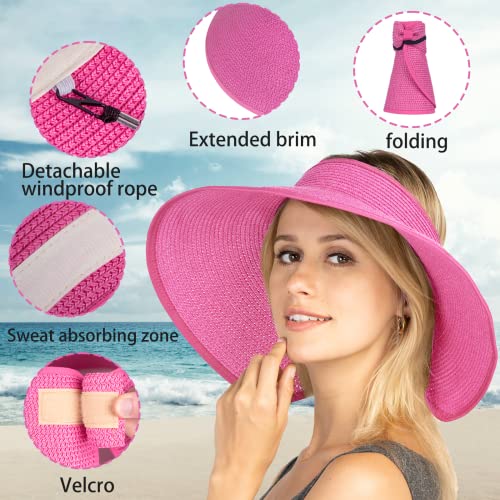 Women Sun Visors Foldable Straw Hats Summer Beach Packable Hat Floppy Wide Brim Cap Deep Style, Adjustable Size - color: Rose Red Black