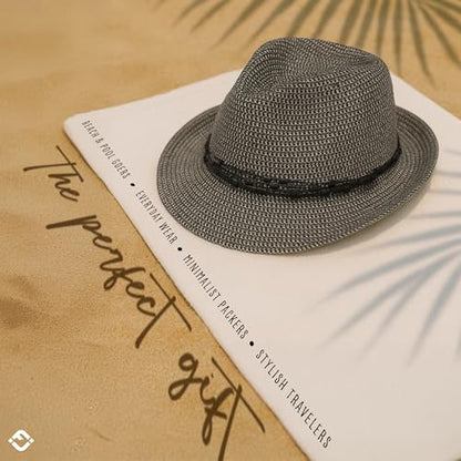 Funky Junque Short Brim Fedora Packable Sun Hat for Women - color: Black Multi W/ Beaded Ropes