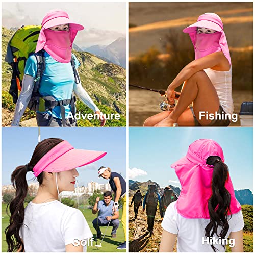 Women Wide Brim Face Mask Sun Hat Detachable Neck Face Flap Ponytail UV Protection Visor Hat Garden Fishing Hiking - color: A7-shun005-meihong