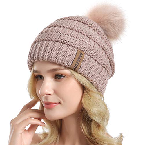 Women Knit Slouchy Beanie Chunky Baggy Hat with Faux Fur Pompom Winter Soft Warm Ski Cap - color: C4-rose Pink
