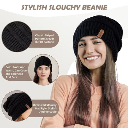 3 Pack Satin Lined Beanie for Women, Warm Slouchy Winter Hats with Silk Lined, Fashionable Oversized Cable Knit Hat Skull Cap - color: Black, Oatmeal, Purple