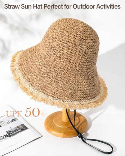 Beach Hats for Women, Straw Bucket Hats Packable Wide Brim - color: Khaki