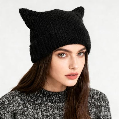 Avxdbr Black Cat Ear Beanies Warm Winter Soft Knit Hats for Women
