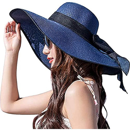 FSIGOM Women's Folable Floppy Hat,Wide Brim Sun Protection Straw Hat, Summer UV Protection Beach Cap - color: C1-e-navy Blue, size: Medium