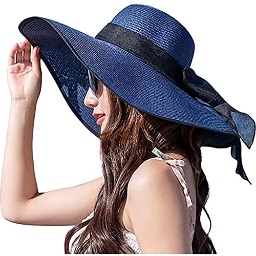 FSIGOM Women's Folable Floppy Hat,Wide Brim Sun Protection Straw Hat, Summer UV Protection Beach Cap - color: C1-e-navy Blue, size: Medium