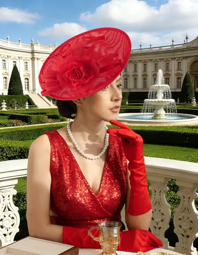 Unpifolov Fascinators Hats Elegant Women Flower Mesh Feathers Wedding Cocktail Bride Headband for Derby Hat Tea Party - color: Red