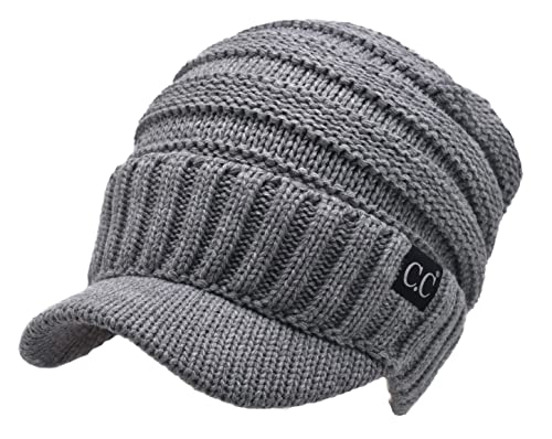 C.C Trendy Warm Oversized Chunky Soft Oversized Ribbed Slouchy Knit Hat with Visor Brim - color: Light Melange Grey
