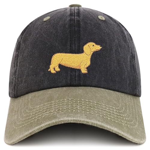 Trendy Apparel Shop Dachshund Embroidered Dog Theme Low Profile Dad Hat Cotton Cap - color: Black Khaki