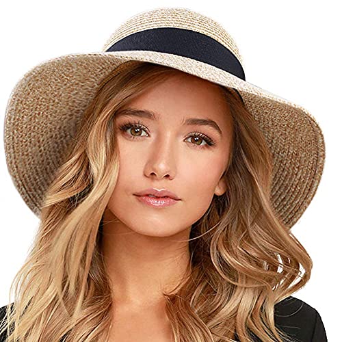 FURTALK Womens Beach Sun Straw Hat Wide Brim UV Protection Travel Hat - color: Mixed Beige, size: Medium-Large