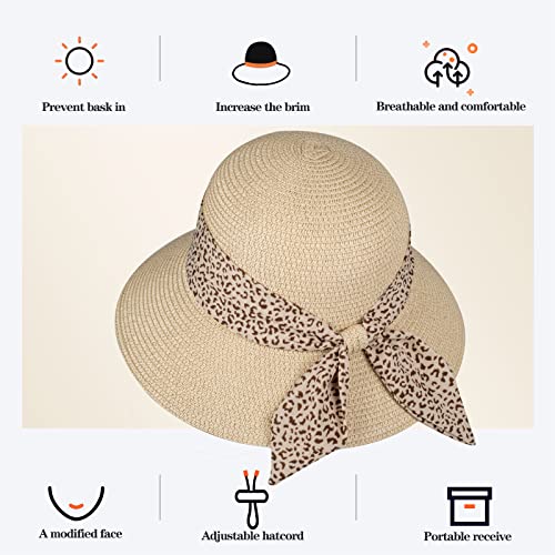 Womens Straw Sun Hat Summer Beach Wide Brim UV Protection Hats with Chin Strap Floppy Foldable Cute Bowknot UPF 50 Cap - color: Leopard Beige